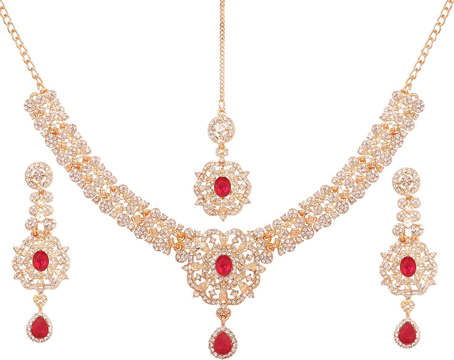 Touchstone Indian Bollywood enchanting floral diamond studded look Rhinestone embellished bridal designer jewelry necklace set for women in silver or white tone. - Image 1